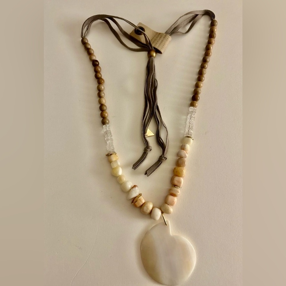 NWT Serafina/Anthropologie Necklace Jasper Quartz Wood Suede Mother of Pearl